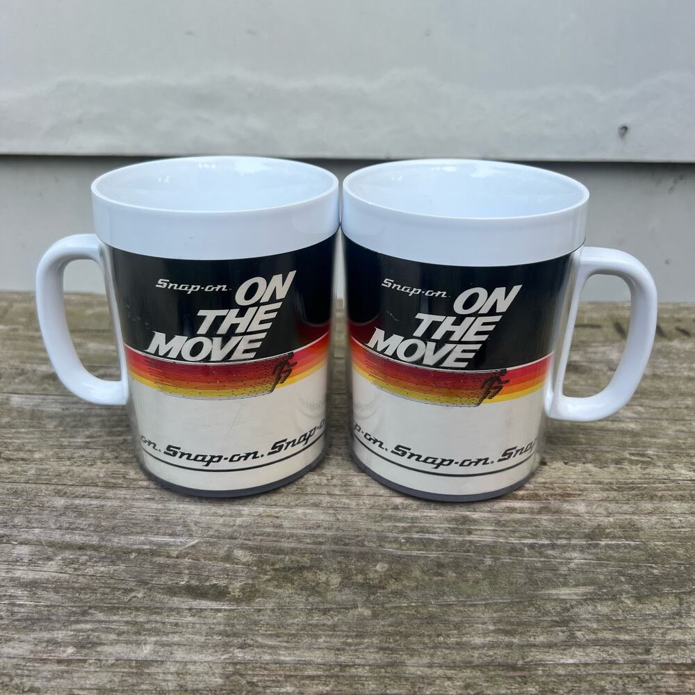 Vintage 90s Snap On Tools USA Thermo-Serv "On The Move" Coffee Mug Plastic Set 2
